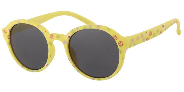 Børne Solbrille mat gul med blomster og Sorte glas