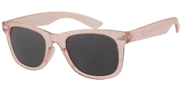 Solbrille pink med glimmer og sølv dekoration samt sorte Glas