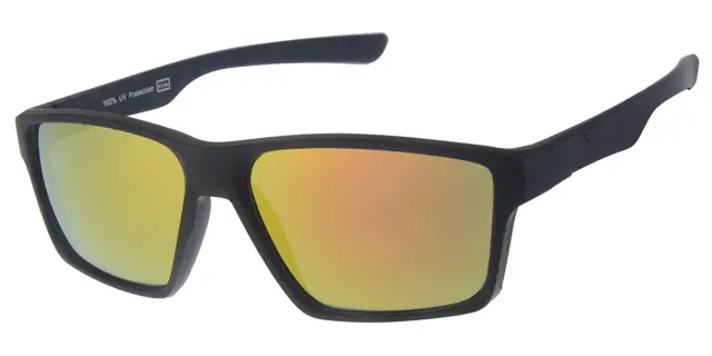 Solbrille sort med gummi overflade samt rødt spejlglas