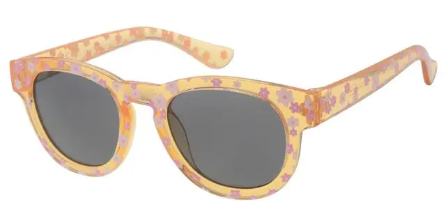 Børne Solbrille transperant orange med blomster, sorte glas