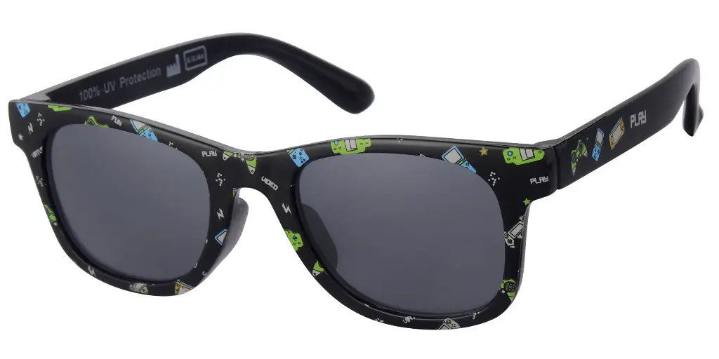 Solbrille sort med spille konsol print og sorte glas 