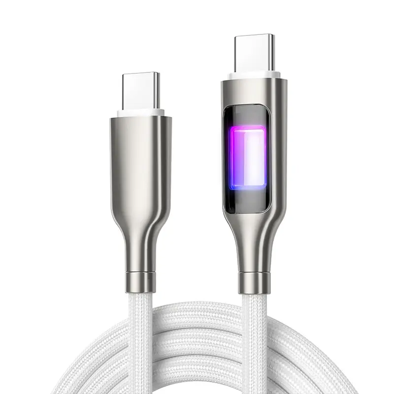 USB C til USB C kabel 2.0 m offwhiteflettet, med led indikator 3,0 amp max. 60 watt