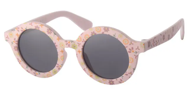 Solbrille mat pink med blomster print og sorte glas 