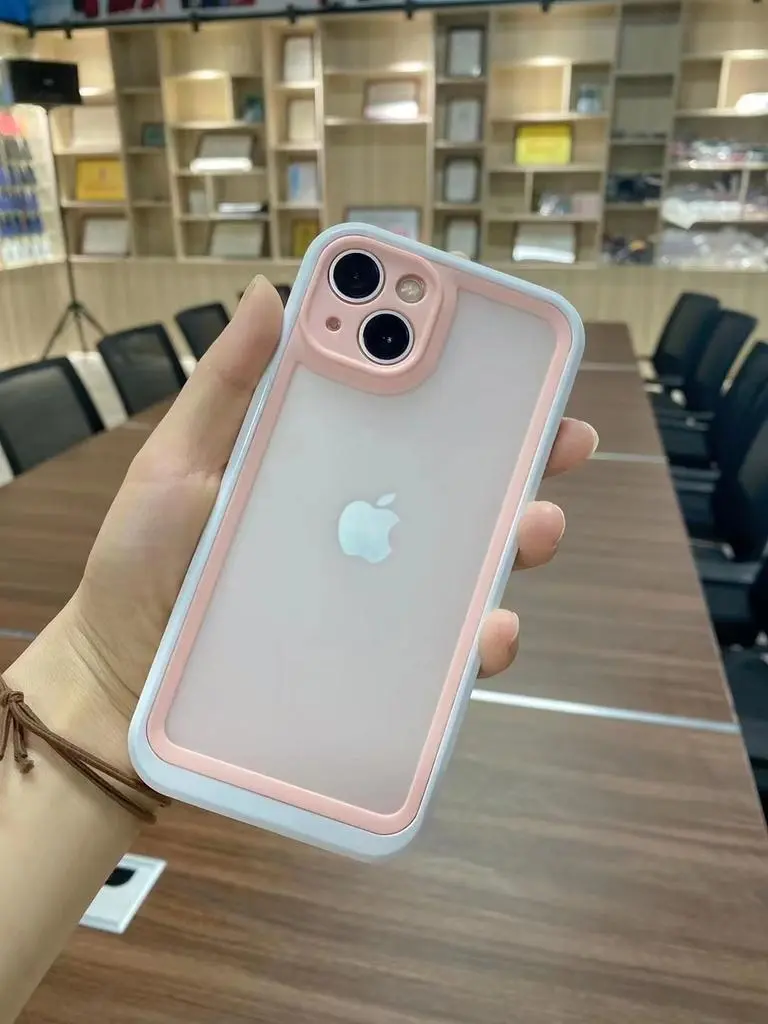 IPHONE 13 PRO MAX BAGCOVER SEMITRANSPARENT MED PINK OG HVID RAMME