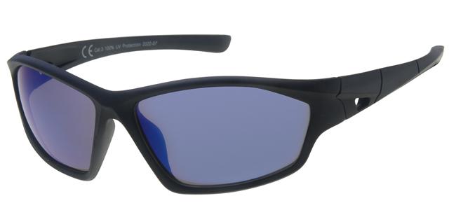 Solbrille sport med gummibelagt stel og blå spejlglas