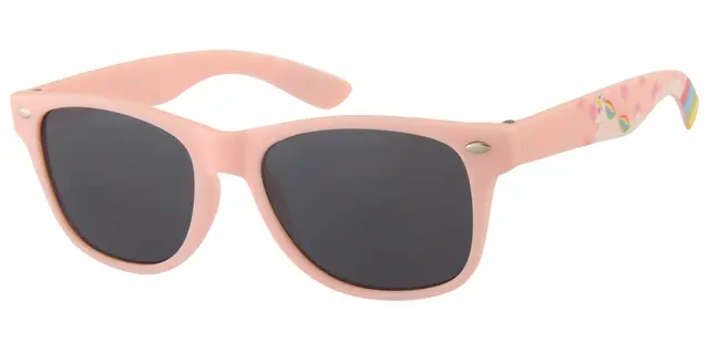 Børne Solbrille mat pink med enhjørning print på stængerne og Sorte glas 