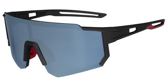 Sportsbrille gummi sort stel. Decentreret sølv spejl glas