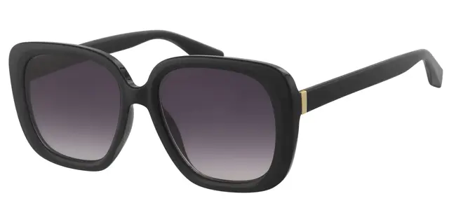 Solbrille blank sort med guld dekoration samt graduerede sorte glas