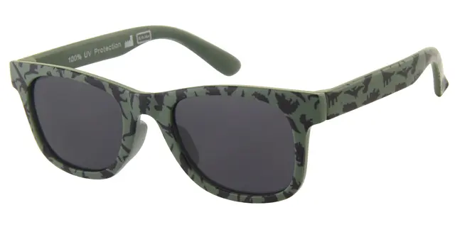 Solbrille mat grøn med dino dekoration samt sorte Glas 