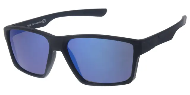Solbrille sort med gummi overflade samt blå spejlglas 