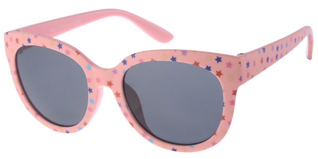Børne Solbrille pink med flerfarvet stjerne tryk på fronten og Sorte glas