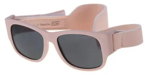 [505190-23006] Børne Solbrille lys lyserød gummibelagt med bred nakke rem sorte glas 
