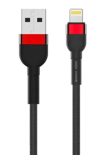 [805143] Iphone Kabel 2 meter sort flettet med røde konnektorer