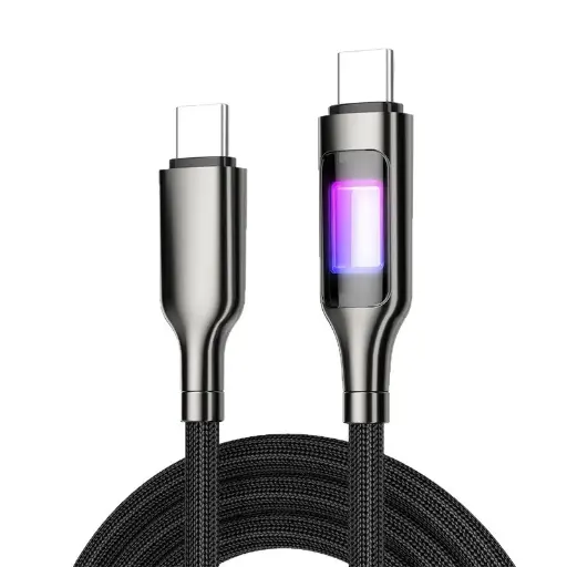 [805533] USB C til USB C kabel 2.0 m Metallic grå flettet, med led indikator 3,0 amp max. 60 watt  