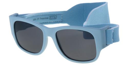 [505188-14021] Børne Solbrille lys blå gummibelagt med bred nakke rem sorte glas