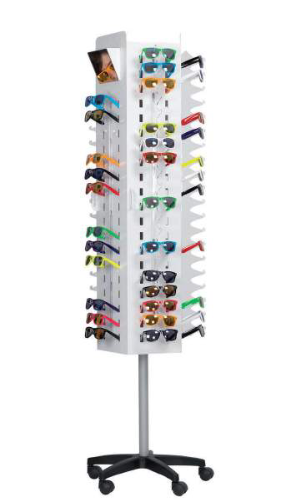 [gulv_100] Gulv Display hvid indendørs på hjul med plads til 100 briller på 5 sider